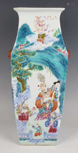 A Chinese famille rose porcelain vase of swollen square sect...