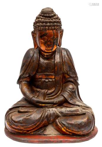 Noord-Vietnam, verguld gelakt houten figuur van Boeddha, 19e...