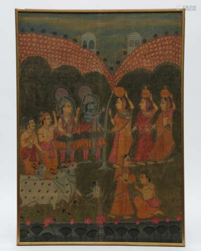 India, grote schildering van Krishna en gevolg, ca. 20e eeuw...