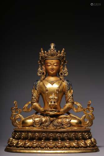 Qing Dynasty, bronze gilt longevity Buddha sitting statue