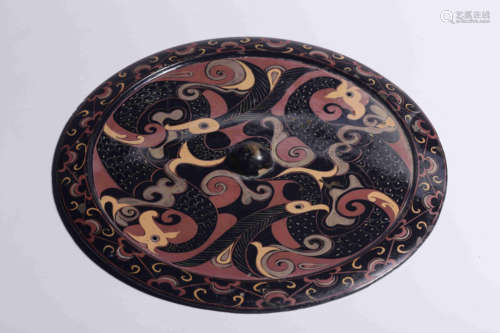 Bronze mirror painted with bird pattern