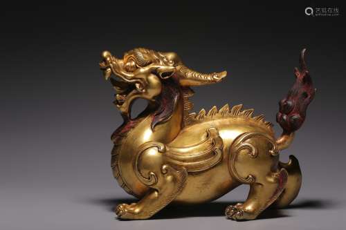 Qing Dynasty, gilt copper Qilin auspicious animal ornaments