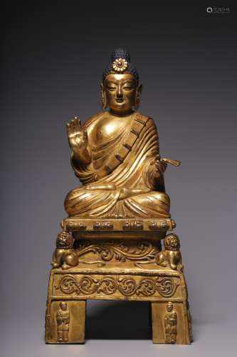 Ming Dynasty, bronze gilt gold Han-handed Sakyamuni bench Bu...