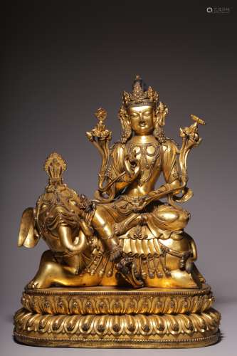 Bronze gilt statue of Puxian Bodhisattva in Qing Dynasty