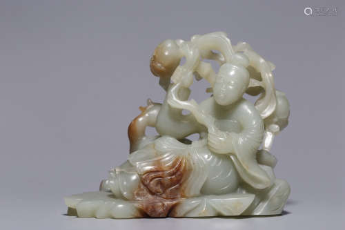 Qing Dynasty, Hetian white jade lady holding lotus statue