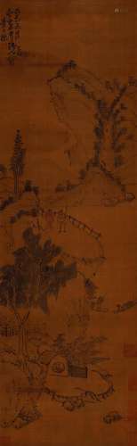 1615-1698 查士标  深山访友 设色绢本 立轴