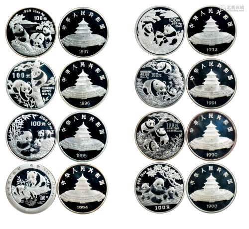 1988-1997版熊猫12盎司银质纪念币套组