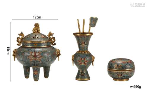 Set of Gilt-Bronze Cloisonne Enamel Vase, Censer and Box