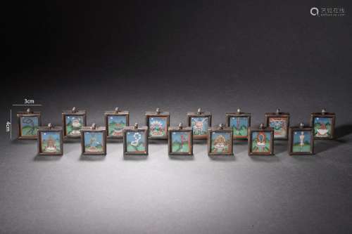 Set of 15 Piece Thangka Pendants with Silver Box