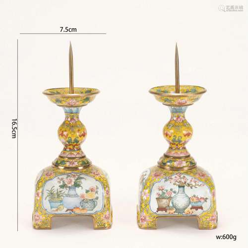 Pair of Painted Enamel Bronze Candlesticks