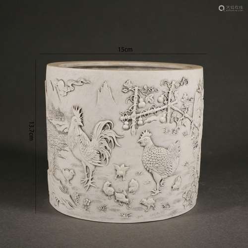 Signed Wang Bingrong Carved Porcelain Brush Pot