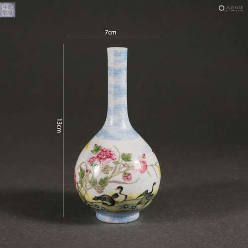 Enamel Painted Wild Goose and Reed Globular Bottle Vase