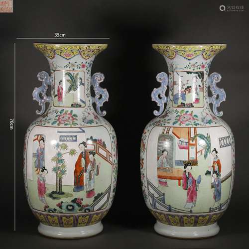 Pair of Famille Rose Enclosing Figure Twin-Dragon Vases