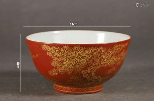 Gold-Painted Coral-Red Glaze Kylin Bowl