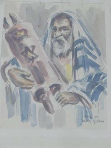 David Gilboa "Rabbi with Torah scroll", watercolor...