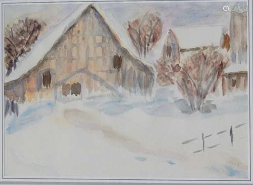 "Snowy farm",watercolor,unsigned,picture detail ca...