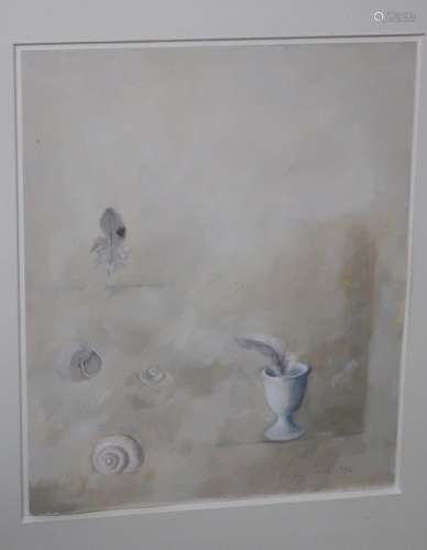 "Still life with snail shells and feather in a vase&quo...