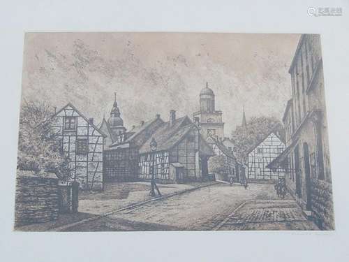 "Medieval city view",color etching, illegibly sign...