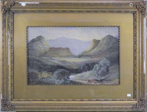 "Romantic Mountain Landscape",watercolors, monogra...