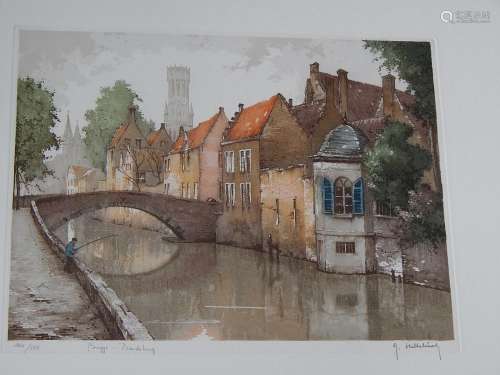 "View of Bruges with an angler in a canal",color e...