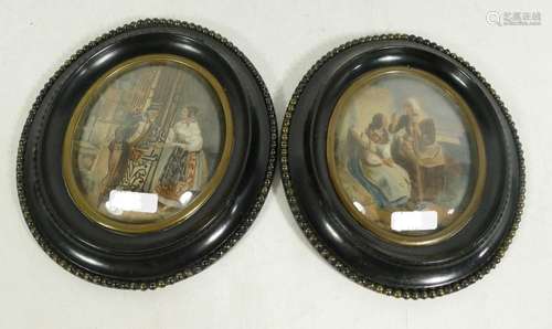 2 genre scenes,watercolors,diameter ca.16cm,around 1850,fram...