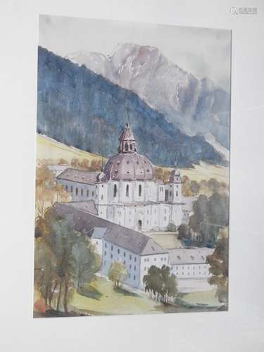 "Ettal Monastery",watercolor,picture detail ca.49x...