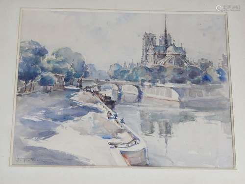 "View of Notre-Dame in Paris",watercolor,signed Wa...