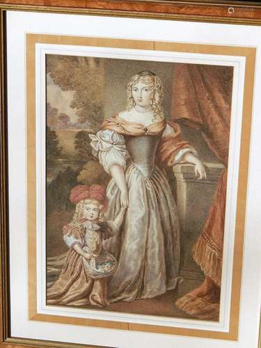 "Elegant lady with child", color lithograph, frame...