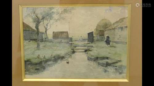 A.Meine "Small river course with farm and farmer's wife...