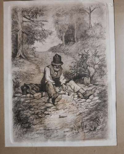 "Woodsman", etching,framed behind glass, ca.13,8x9...