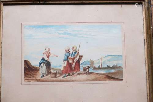 "Laundresses",watercolor,illegibly signed,dated 18...