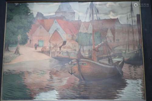 C.Langhein "Medieval town",pastel,signed and dated...