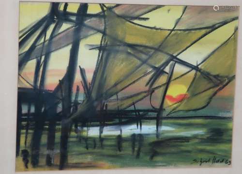 Sigrid Held (XX) "Drying fishing nets at sunset",p...