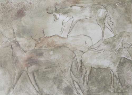 "Antelopes",watercolor,unsigned,framed behind glas...