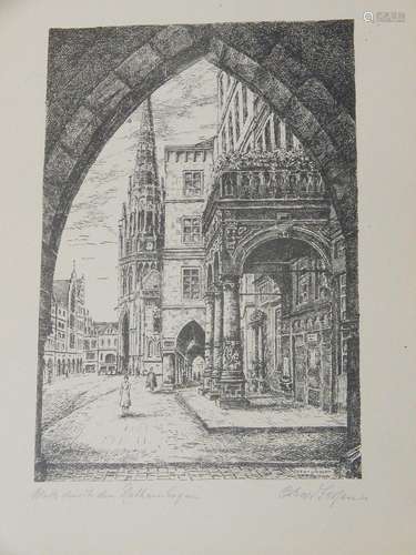 Oskar Jessen "View of the town hall arch",lithogra...