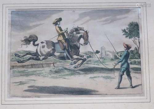 "Dressage", colored copperplate engraving, inscrib...