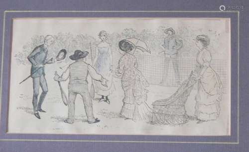 "Tennis sketch",color wood engraving around 1880,i...