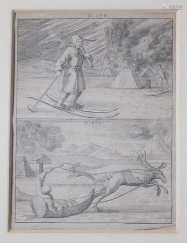 "Soldiers on sledges and on skis, copperplate engraving...