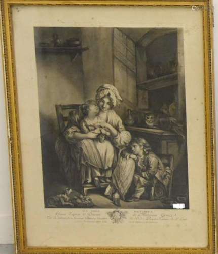 "Mother with children in the parlor",etching,frame...