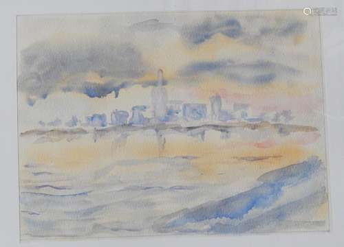 "View of a city by the sea",watercolor,unsigned,pi...