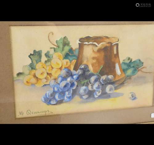 Still life with grapes and clay jug,watercolor,illegibly sig...