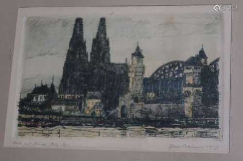 "View of Cologne Cathedral with bridge,color etching,il...