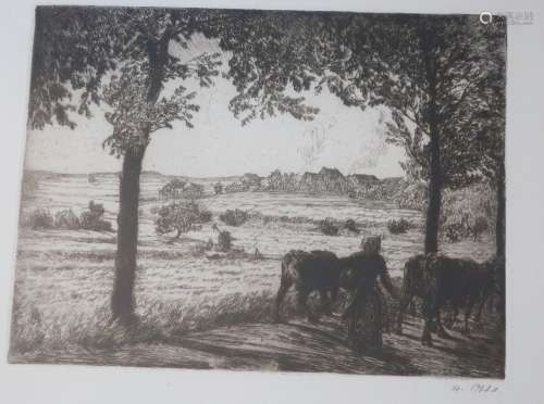 "Evening cattle drive",Etching,Signed H.Otte,ca.23...