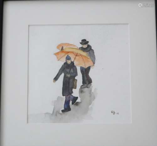 "Figures with umbrella",watercolor,monogrammed UD,...