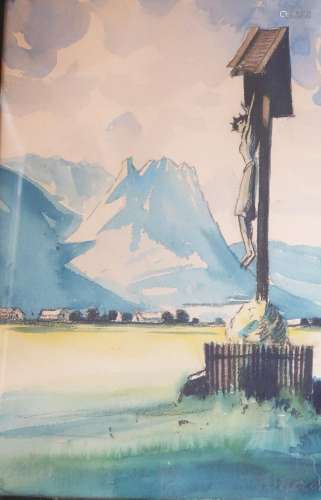 "Werge cross in front of alpine panorama",watercol...