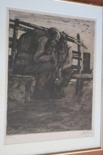 "Sitting old men on a bench",etching,illegibly sig...