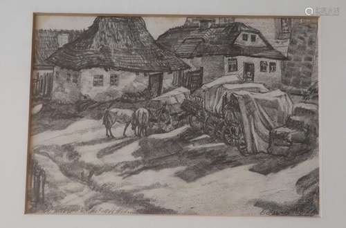 "Medieval village with carriages and horses",proba...