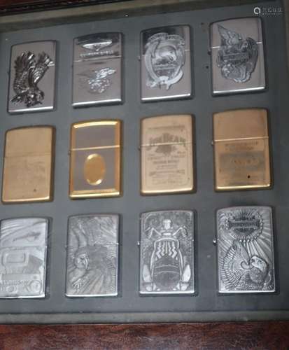 Collection of 12 ZIPPO lighters in collector box,together