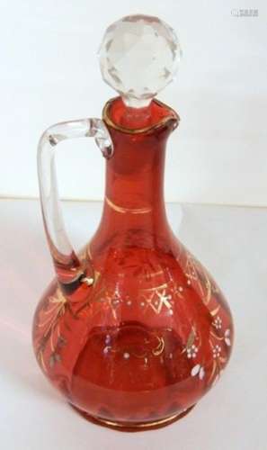 Small carafe with handle with red overlay and floral paintin...