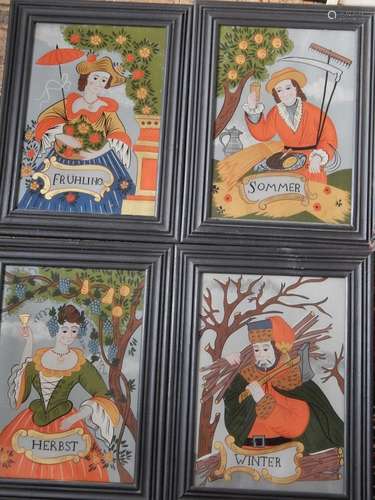 "4 Seasons", reverse glass painting, folk art of t...